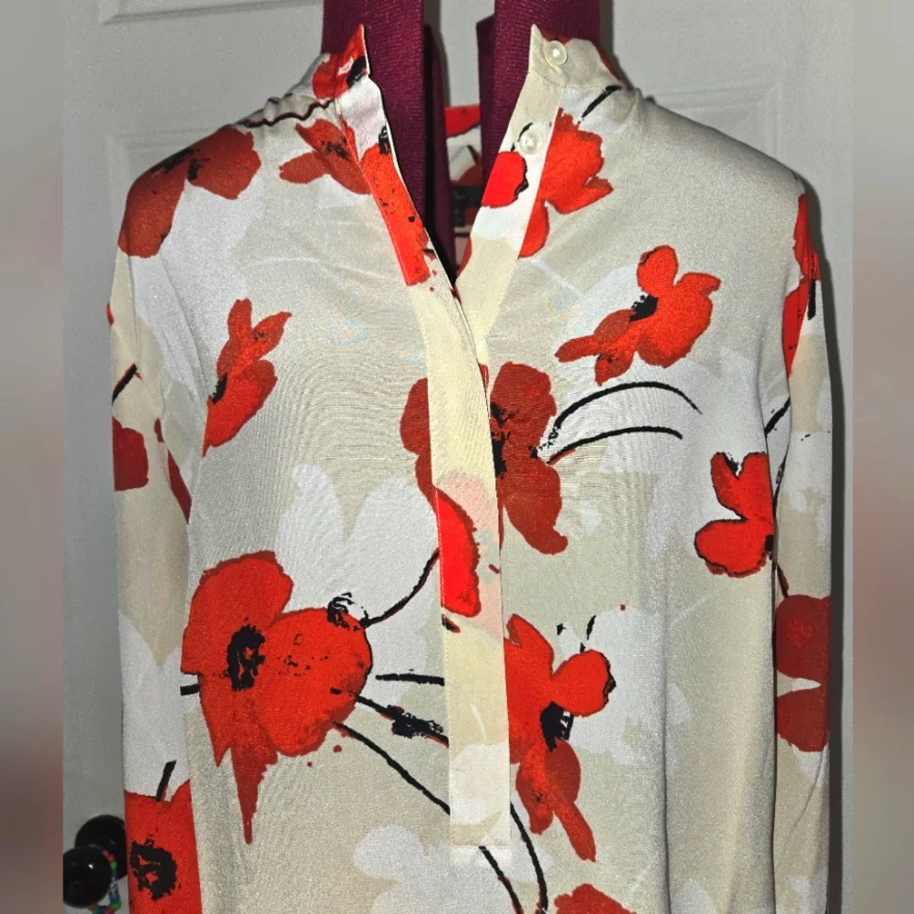 J. Crew Red Poppy Floral Long Sleeve Silk Blouse
